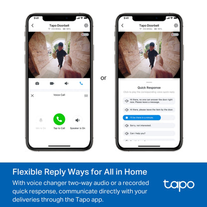 Tapo D235 kamera dørklokke app på to smartphones, én viser 2K videoopkald, anden hurtig svarmulighed.