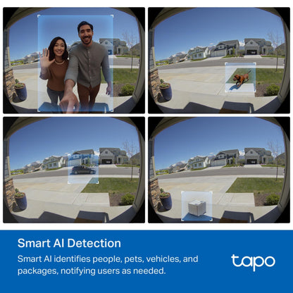 TP-Link Tapo D235 kamera dørklokke 2K, blå bokse fremhæver AI-detektion, Tapo-logo og teksten "Smart AI Detection.