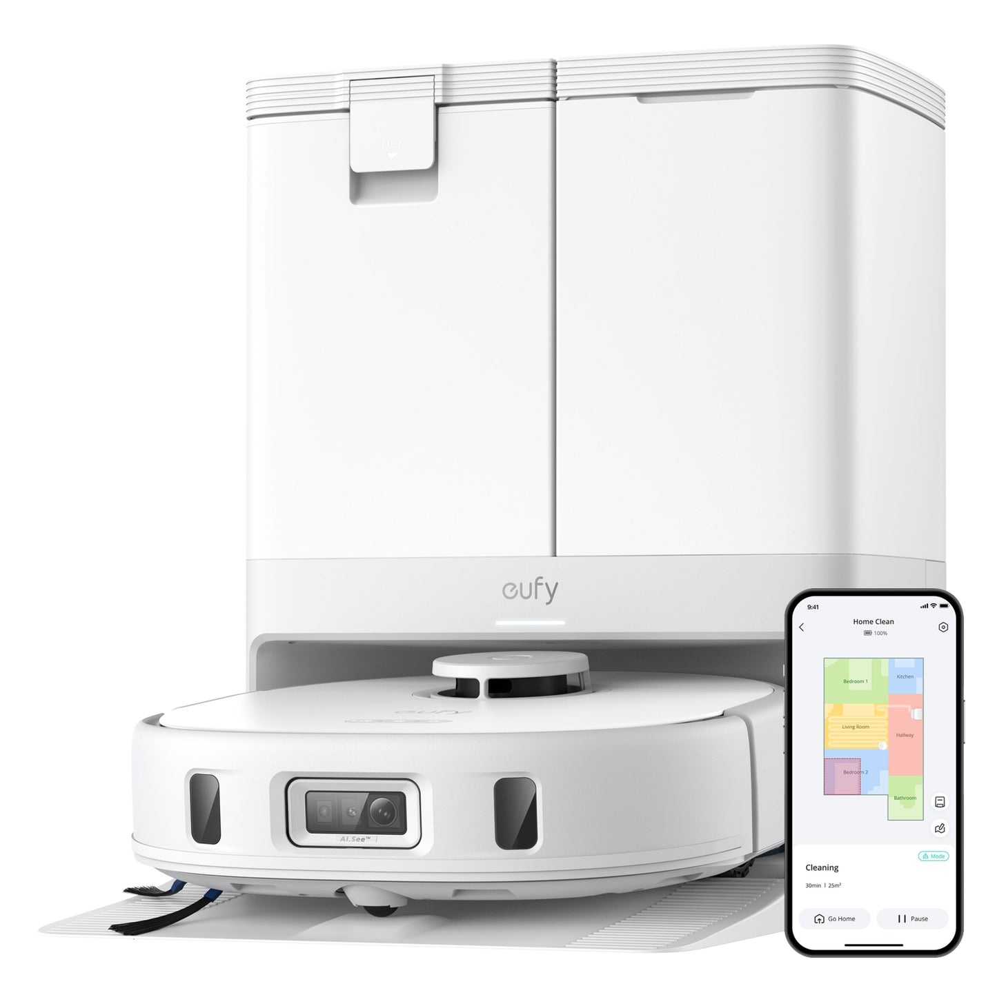 Eufy X10 Pro Omni robotstøvsuger med moppefunktion ved ladestation, smartphone viser gulvkort og status i app.