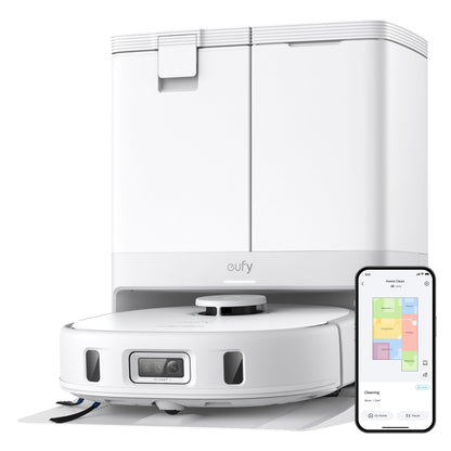 Eufy X10 Pro Omni robotstøvsuger med moppefunktion ved ladestation, smartphone viser gulvkort og status i app.