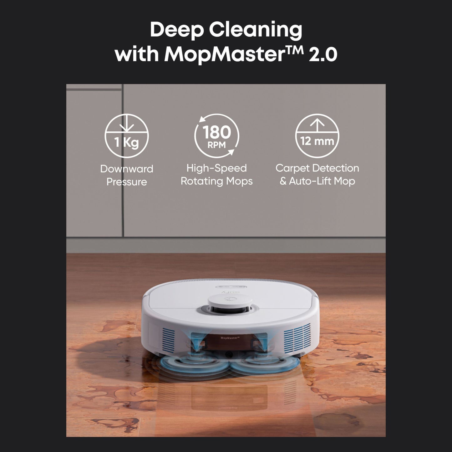Eufy X10 Pro Omni robotstøvsuger med 1 kg moppepres, 180 RPM roterende mopper, 12 mm tæppedetektion med løft.