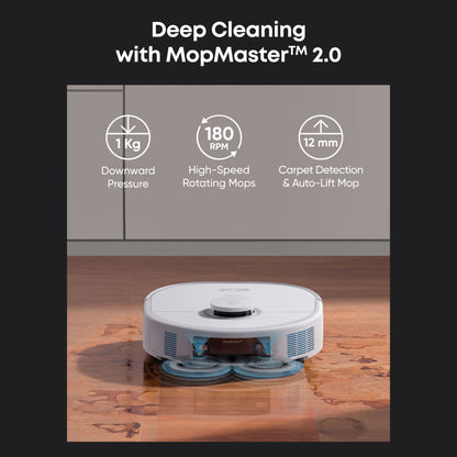Eufy X10 Pro Omni robotstøvsuger med 1 kg moppepres, 180 RPM roterende mopper, 12 mm tæppedetektion med løft.