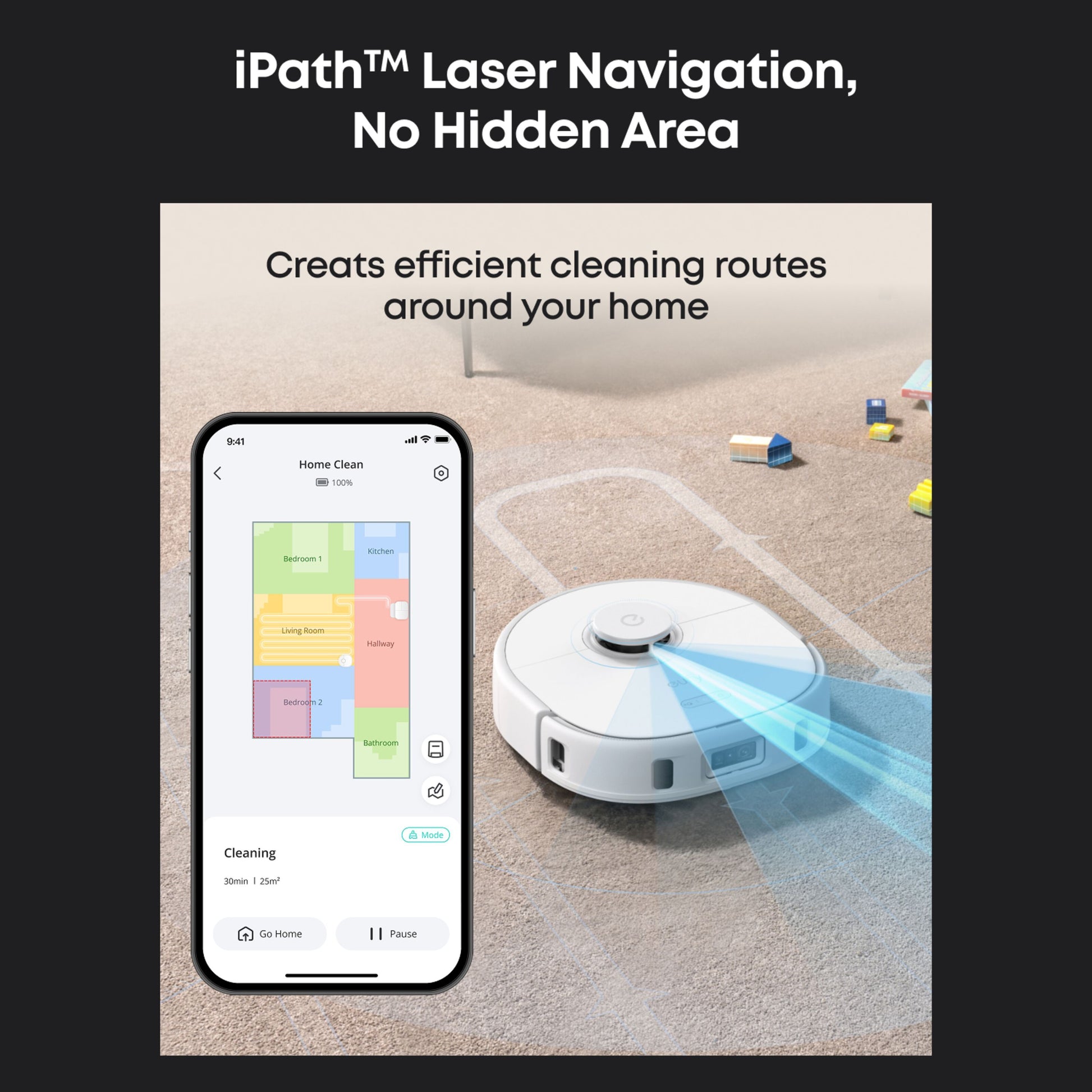 Eufy X10 Pro Omni robotstøvsuger med blå laserstråler på tæppe, smartphone viser rengøringsruter, iPath Laser Navigation.