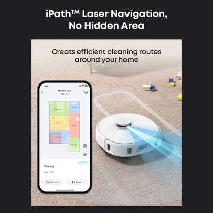 Eufy X10 Pro Omni robotstøvsuger med blå laserstråler på tæppe, smartphone viser rengøringsruter, iPath Laser Navigation.