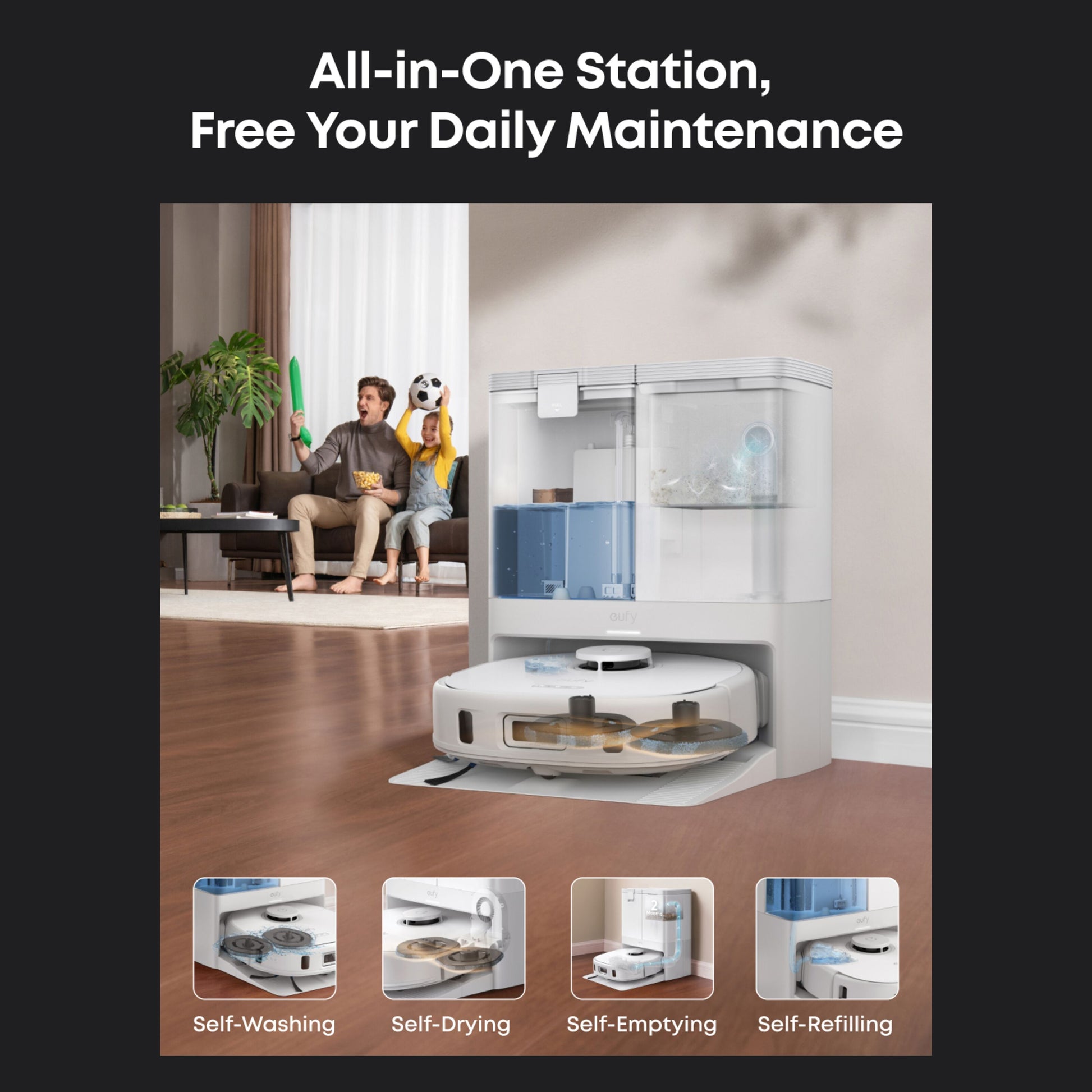 Eufy X10 Pro Omni robotstøvsuger ved all-in-one station, ikoner til selvvask, moppefunktion, selv-tømning, smart home.