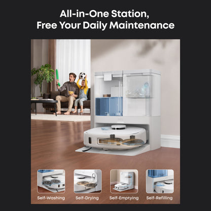 Eufy X10 Pro Omni robotstøvsuger ved all-in-one station, ikoner til selvvask, moppefunktion, selv-tømning, smart home.