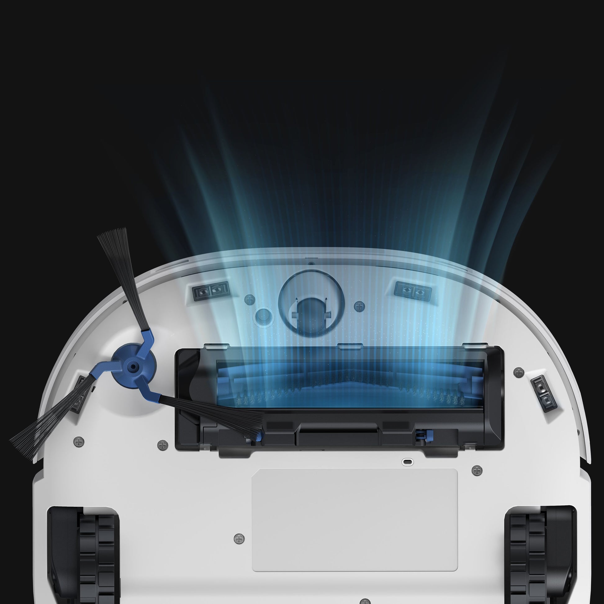 Eufy X10 Pro Omni robotstøvsuger underside med blå lys, luftstrøm, børster, hjul og sensorer.