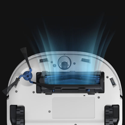 Eufy X10 Pro Omni robotstøvsuger underside med blå lys, luftstrøm, børster, hjul og sensorer.