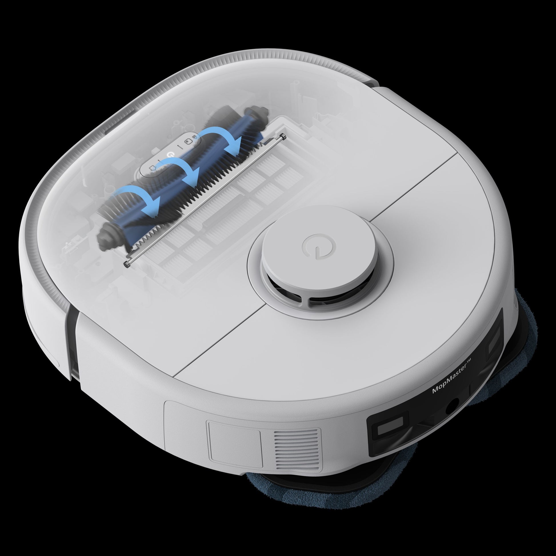 Eufy X10 Pro Omni robotstøvsuger med moppefunktion, semitransparent top, roterende børster, blå luftstrømsindikator.