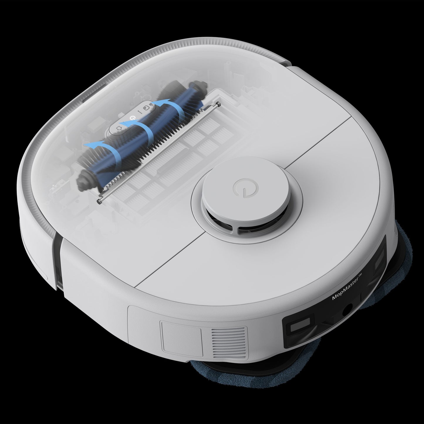 Eufy X10 Pro Omni robotstøvsuger med moppe, delvist gennemsigtig top viser interne børster og komponenter, sort baggrund.