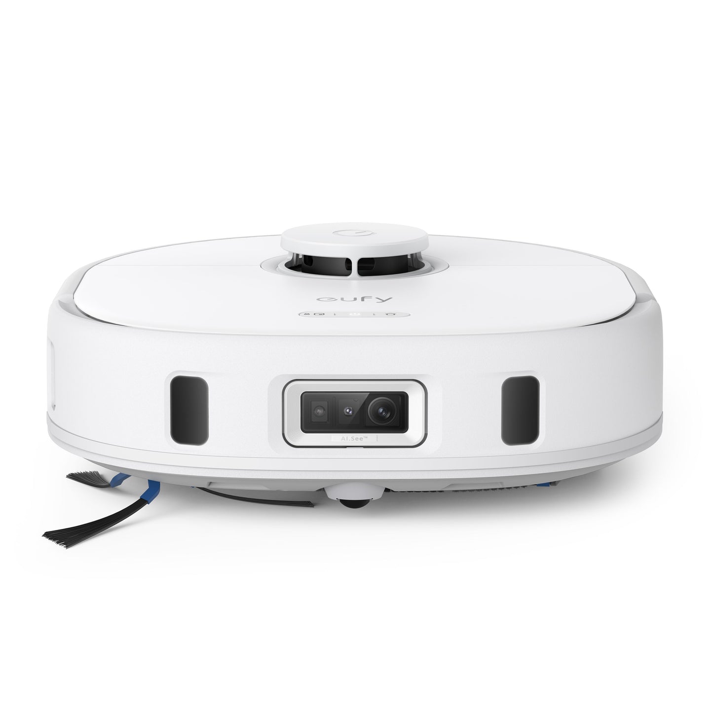 Eufy X10 Pro Omni robotstøvsuger, rund med frontkamera, sensorer, sidebørster og smart home-integration.