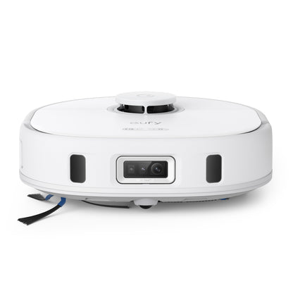 Eufy X10 Pro Omni robotstøvsuger, rund med frontkamera, sensorer, sidebørster og smart home-integration.