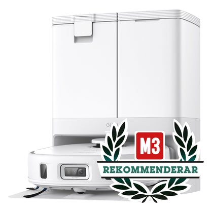 Eufy X10 Pro Omni robotstøvsuger med moppefunktion og dockingstation, badge med teksten M3 REKOMMENDERAR synlig.