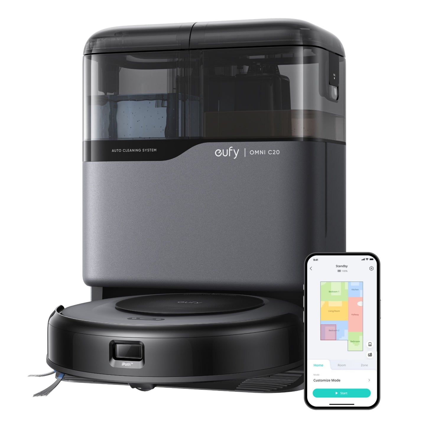 Eufy Omni C20 robotstøvsuger med automatisk rengøringsbase og gulvplan synligt i app på smartphone.
