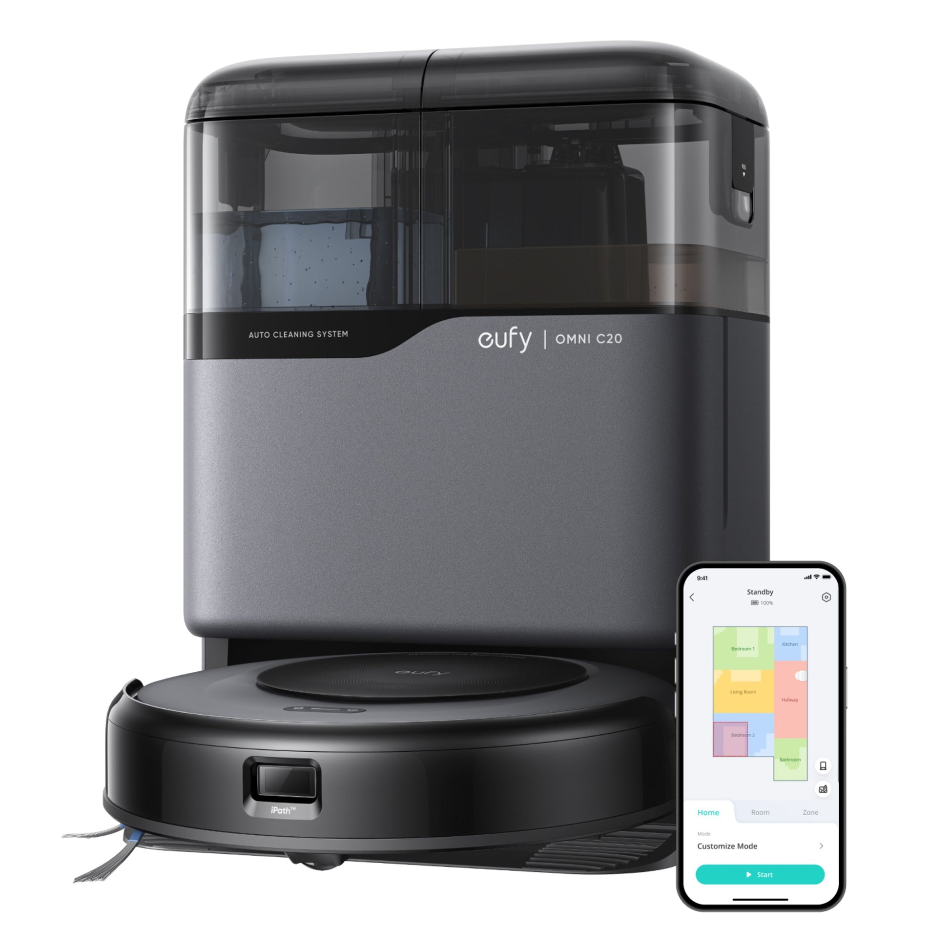 Eufy Omni C20 robotstøvsuger med automatisk rengøringsbase og gulvplan synligt i app på smartphone.
