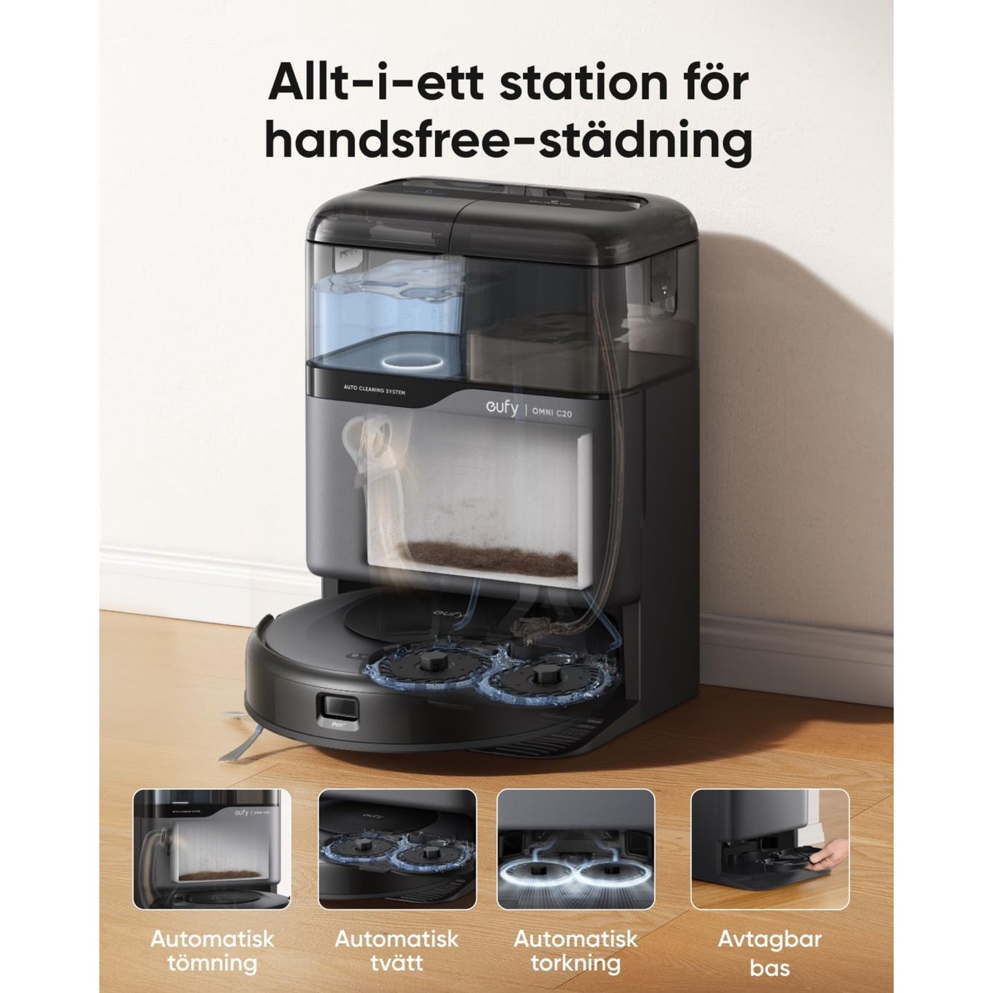 Sort Eufy Omni C20 robotstøvsuger station med svensk tekst "Allt-i-ett station för handsfree-städning" og fire funktionsikoner.