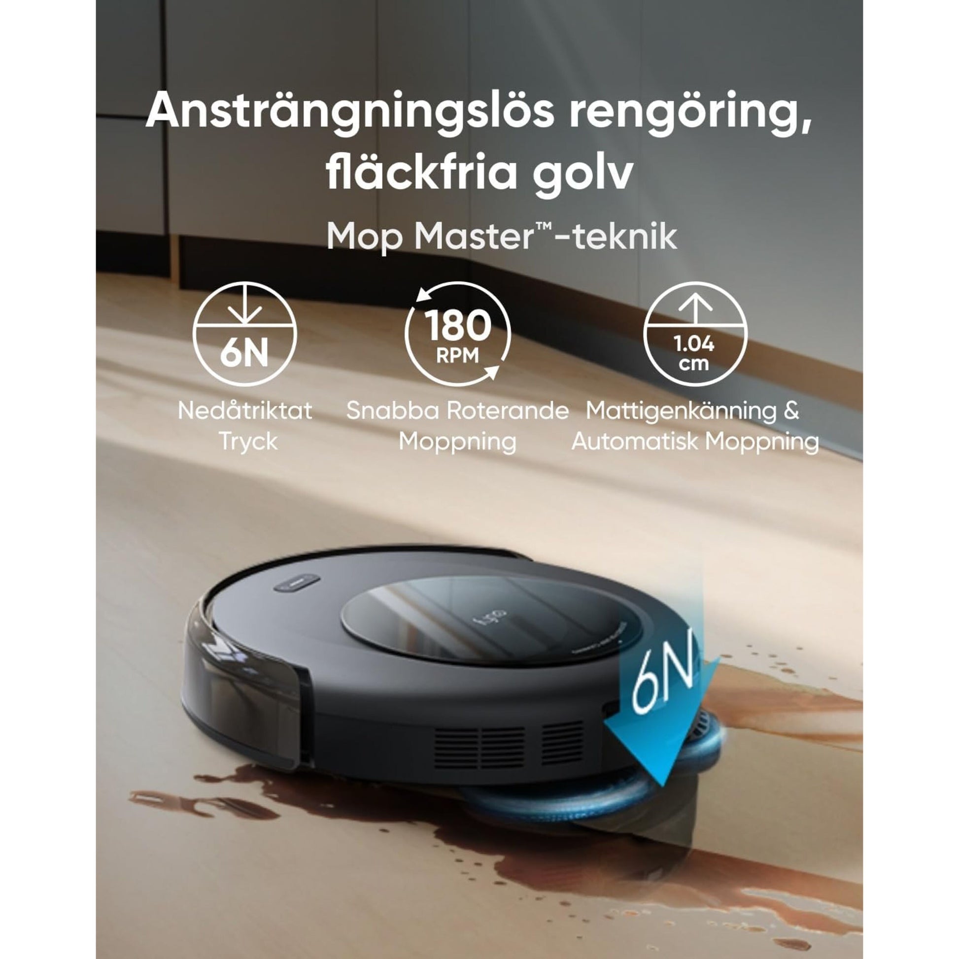 Eufy Omni C20 robotstøvsuger sort, blå roterende moppepuder, 6N tryk, 180 RPM, 1,04 cm pad-tykkelse, auto-moppejustering.