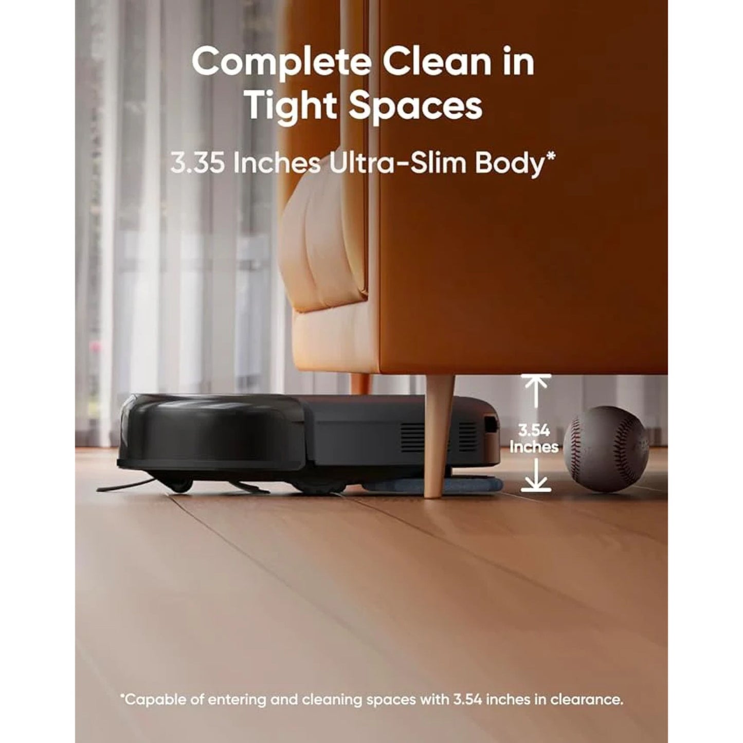 Eufy Omni C20 robotstøvsuger 3,54" høj, kompakt design, nem rengøring under sofaer og i smalle områder.