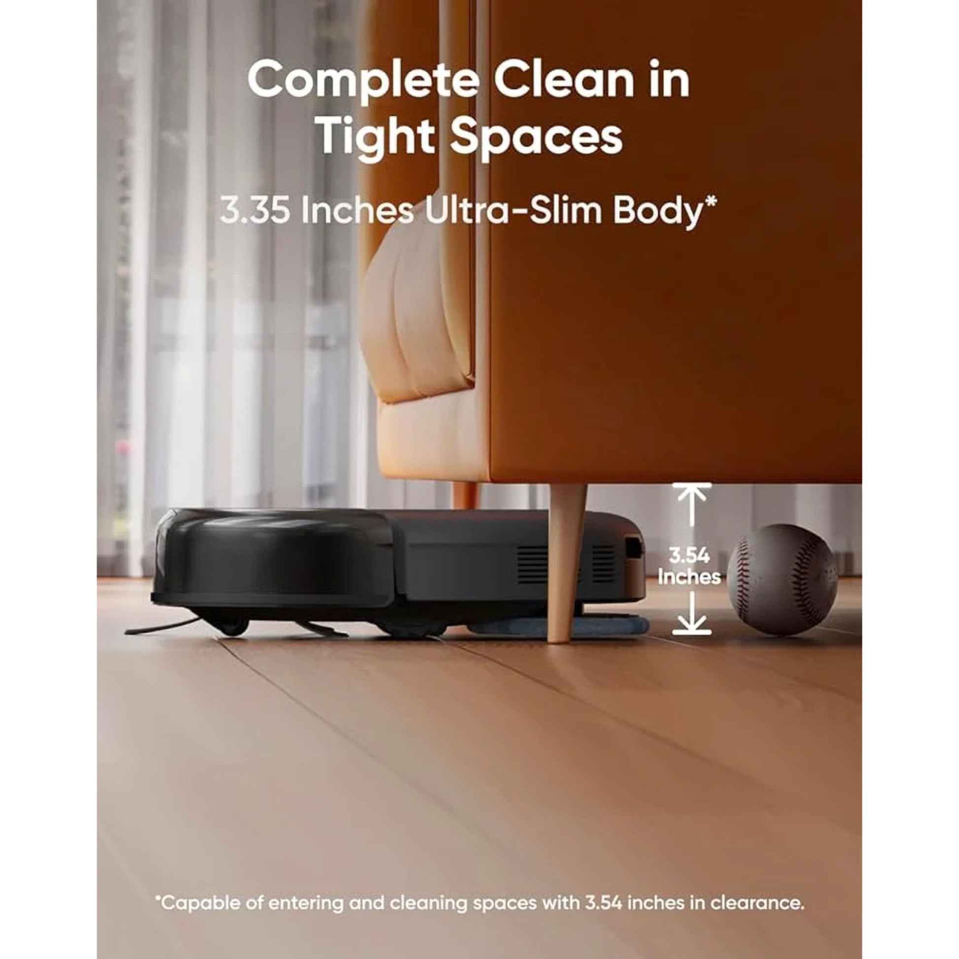 Eufy Omni C20 robotstøvsuger 3,54" høj, kompakt design, nem rengøring under sofaer og i smalle områder.