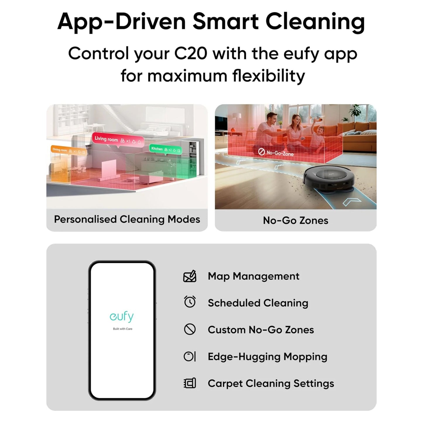 Eufy Omni C20 robotstøvsuger med tilpassede rengøringstilstande, Mop Master, no-go zoner, appstyring og tæppeindstillinger.
