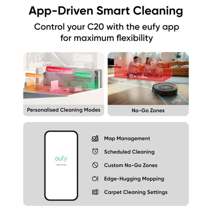Eufy Omni C20 robotstøvsuger med tilpassede rengøringstilstande, Mop Master, no-go zoner, appstyring og tæppeindstillinger.
