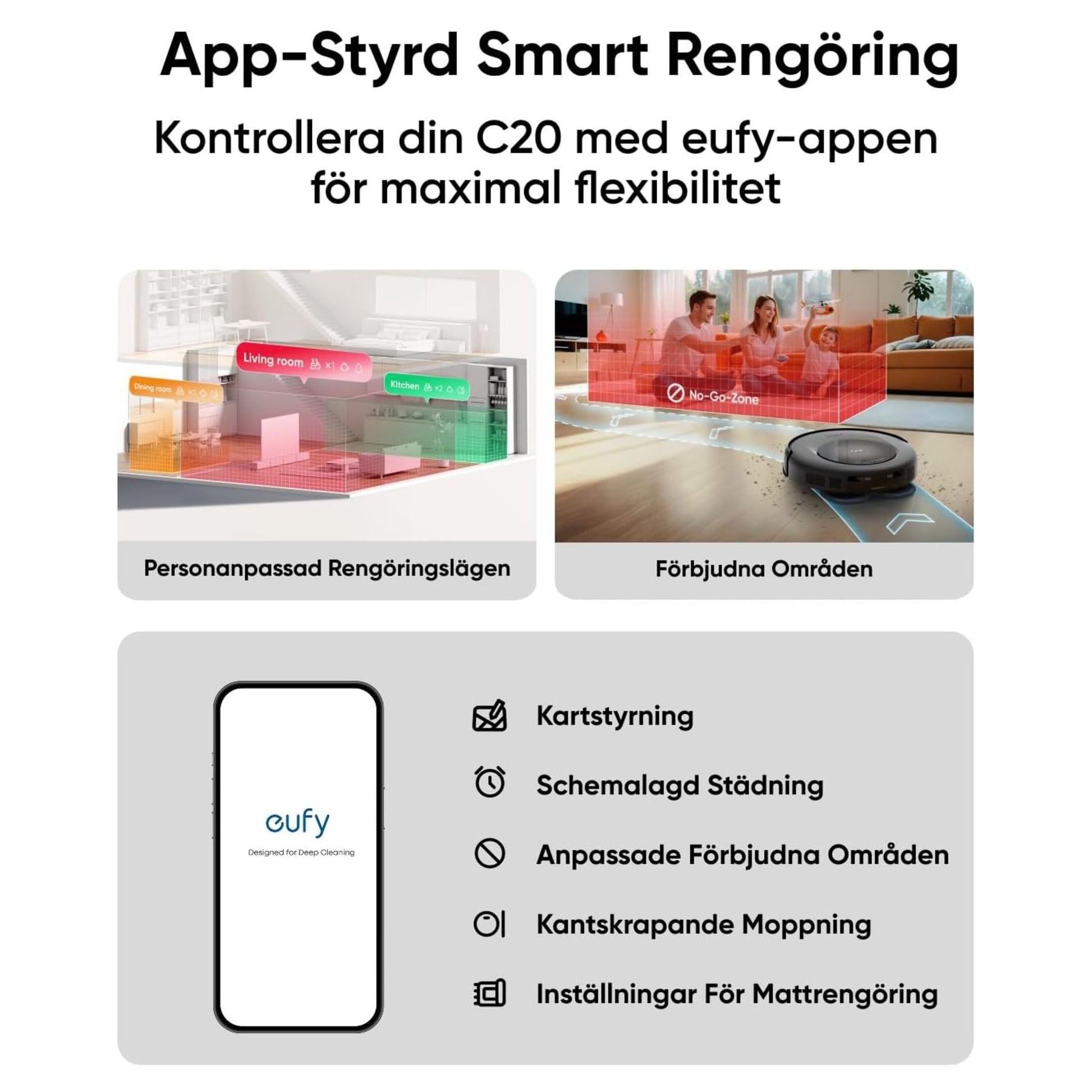 Eufy Omni C20 robotstøvsuger app vist på smartphone med zonestyring, kortlægning og rengøringsindstillinger.