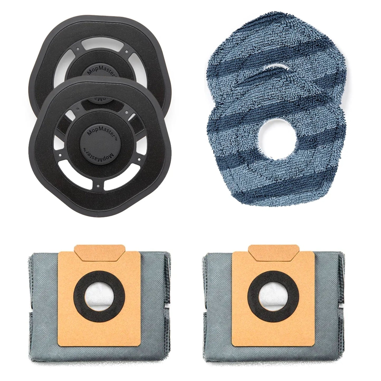 Eufy Hygiejnekit til X10 Pro Omni med to sorte ringe, to blå/grå moppads og to støvsugerposer med papåbning.