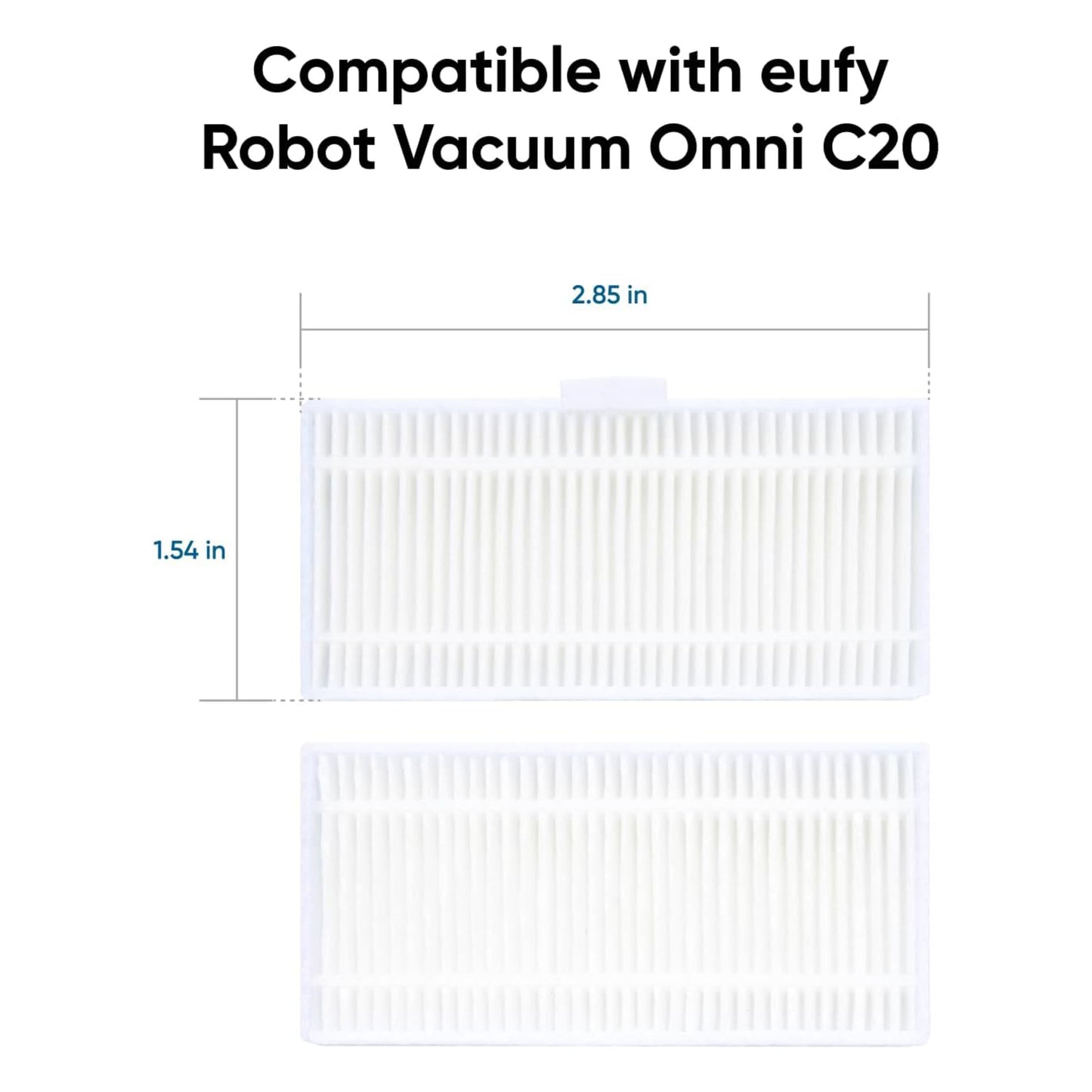 Eufy Omni C20 vaskbare HEPA-filtre, 2 stk, hvide, til for- og bagside, 2,85 x 1,54 tommer.