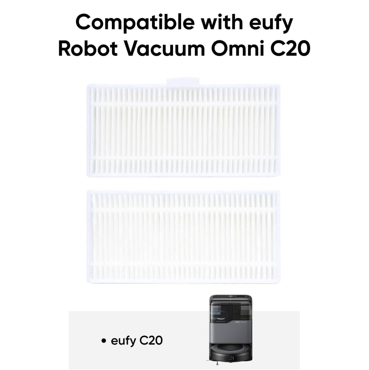 Eufy vaskbart filter til Omni C20 robotstøvsuger, 2 stk, hvid, tekst "Compatible with Eufy Omni C20", lille billede af C20.