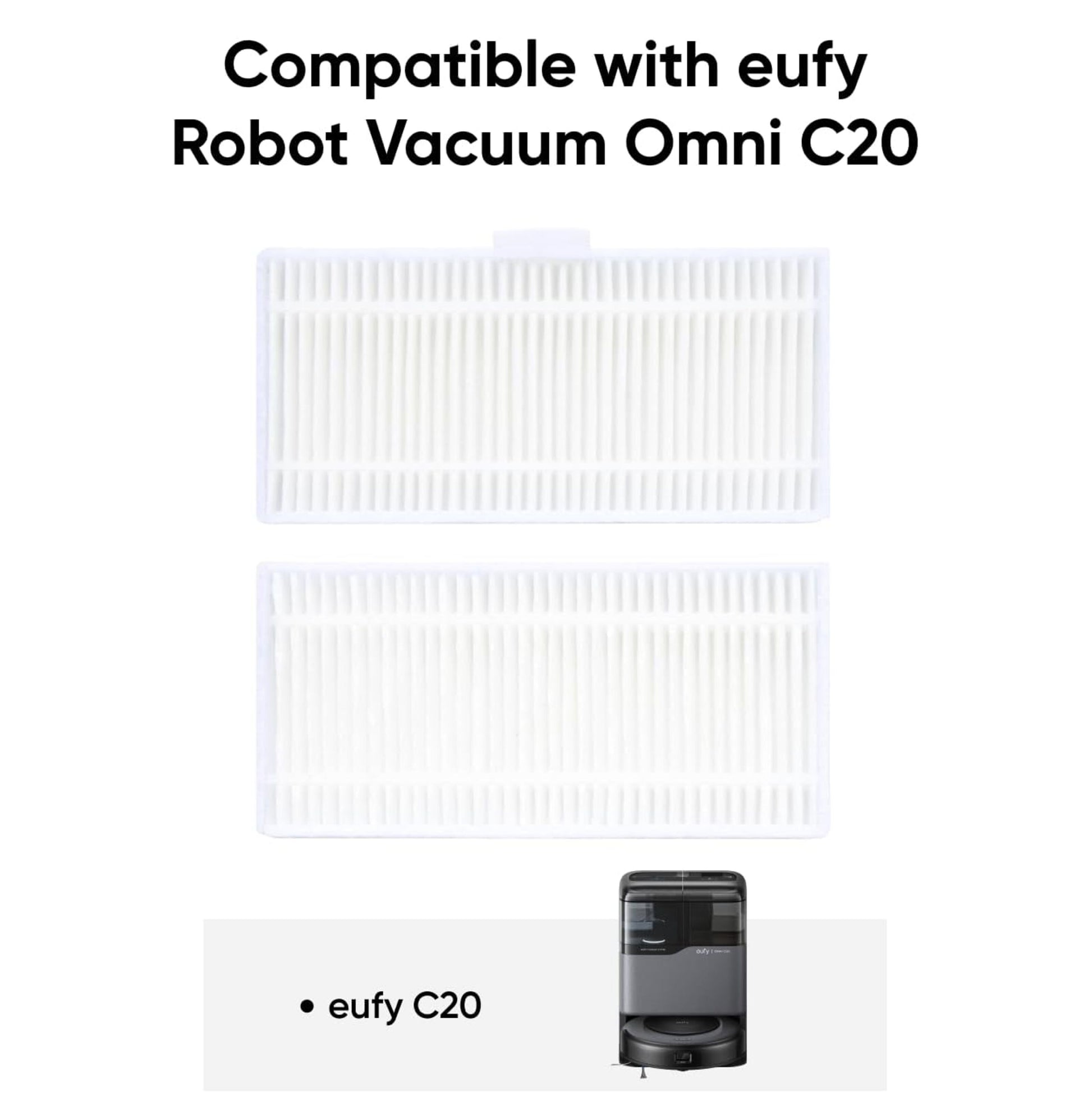 Eufy vaskbart filter til Omni C20 robotstøvsuger, 2 stk, hvid, tekst "Compatible with Eufy Omni C20", lille billede af C20.