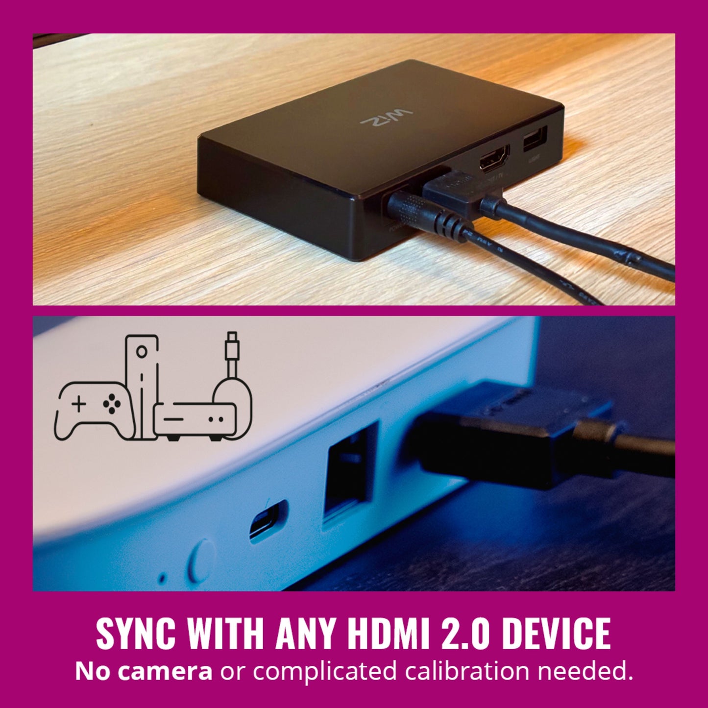 WiZ Sync box startpakke 75"-85" sort, HDMI/lydkabler, HDMI-stik i hvid enhed med RGBIC-lysteknologi.
