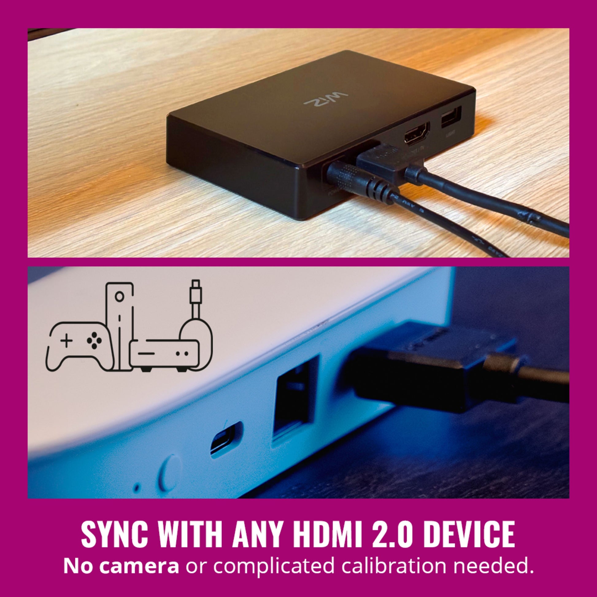 WiZ Sync box startpakke 75"-85" sort, HDMI/lydkabler, HDMI-stik i hvid enhed med RGBIC-lysteknologi.