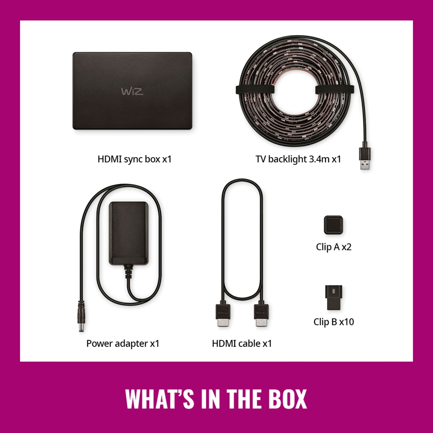 WiZ Sync box startpakke 75-85", WiZ Sync box, 3,4m RGBIC TV backlight, strømforsyning, HDMI-kabel, klips, "WHATS IN THE BOX.