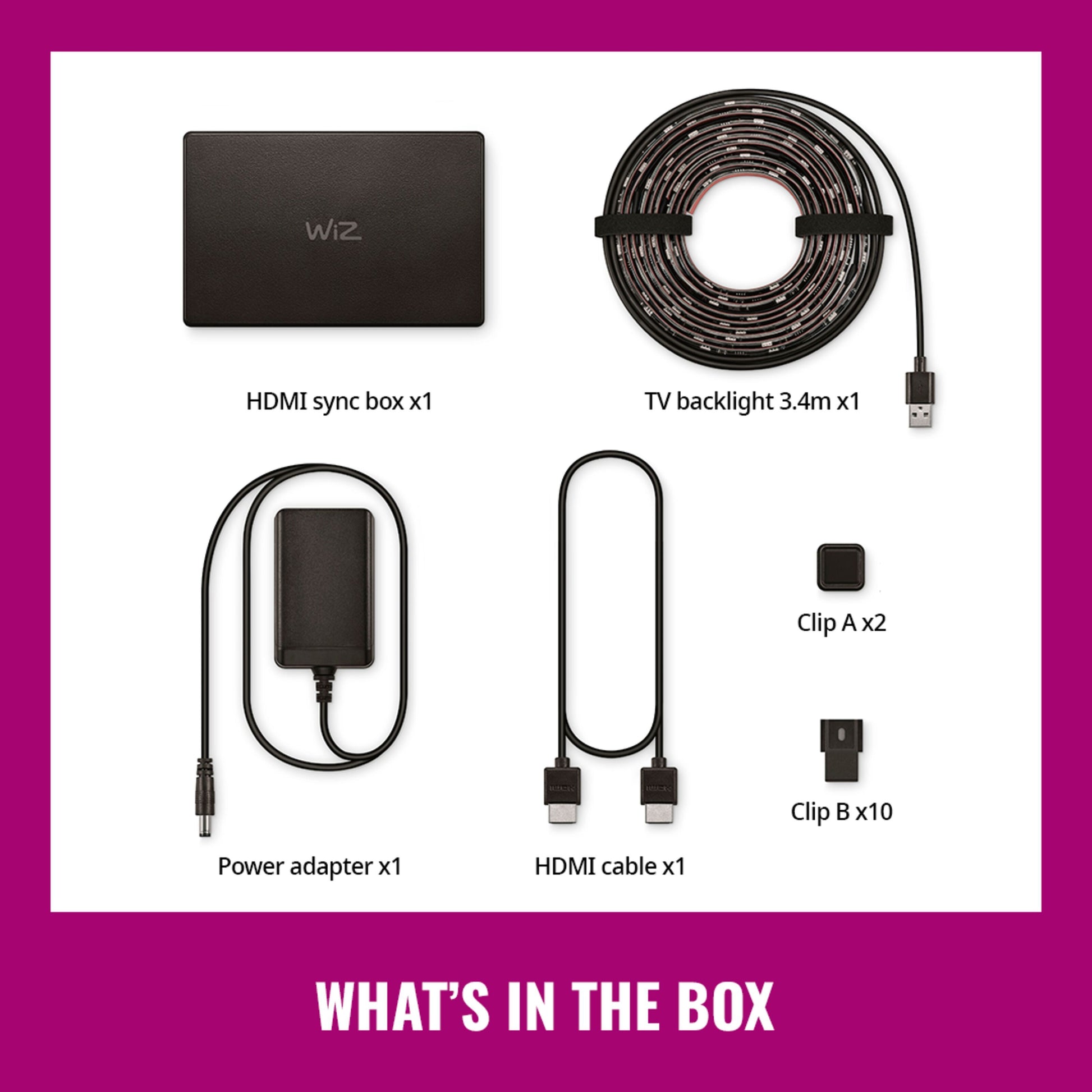 WiZ Sync box startpakke 75-85", WiZ Sync box, 3,4m RGBIC TV backlight, strømforsyning, HDMI-kabel, klips, "WHATS IN THE BOX.