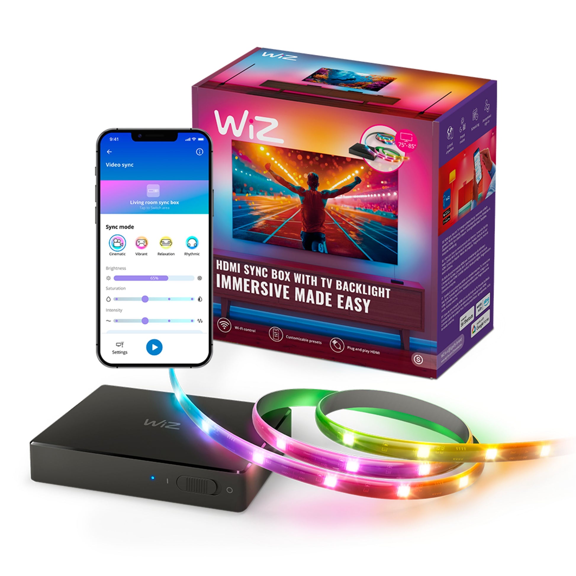 Wiz Sync Box startpakke 75-85" RGBIC TV-lys, inkl. sync box, LED-lysstrips og mobilapp.