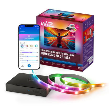 Wiz Sync Box startpakke 75-85" RGBIC TV-lys, inkl. sync box, LED-lysstrips og mobilapp.