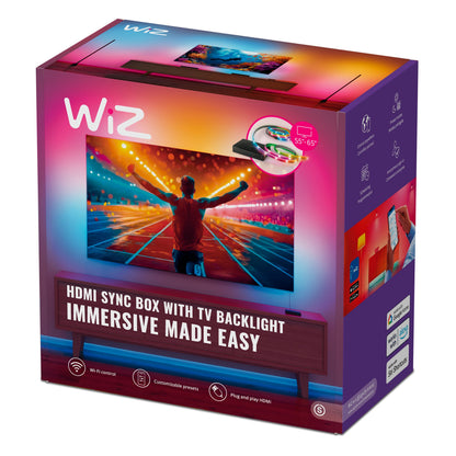 WiZ Sync box startpakke 75"-85" RGBIC-lysteknologi stemningsbelysning til tv, vises på lilla/pink æske med WiFi ikon.