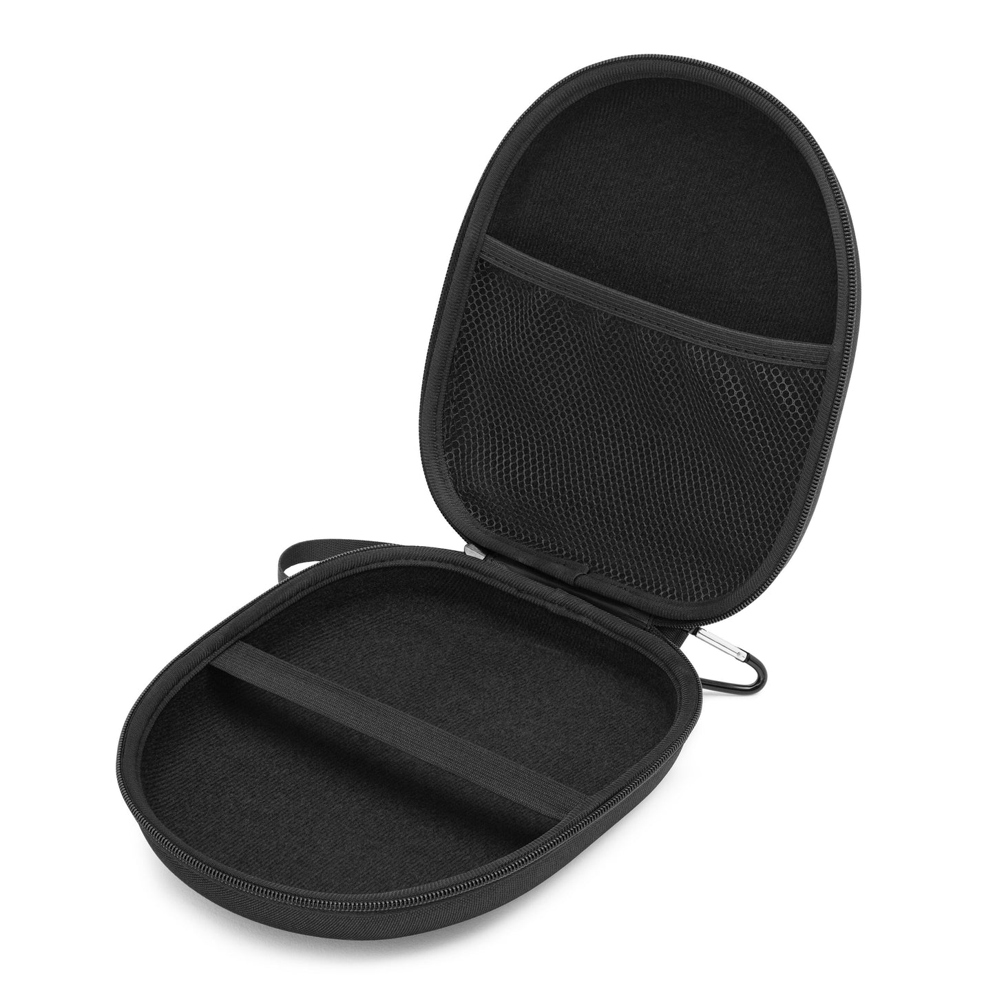 Høretelefonetui hardcase sort, oval med lynlås, netlomme, rumdeler og sidekarabin til opbevaring af høretelefoner.