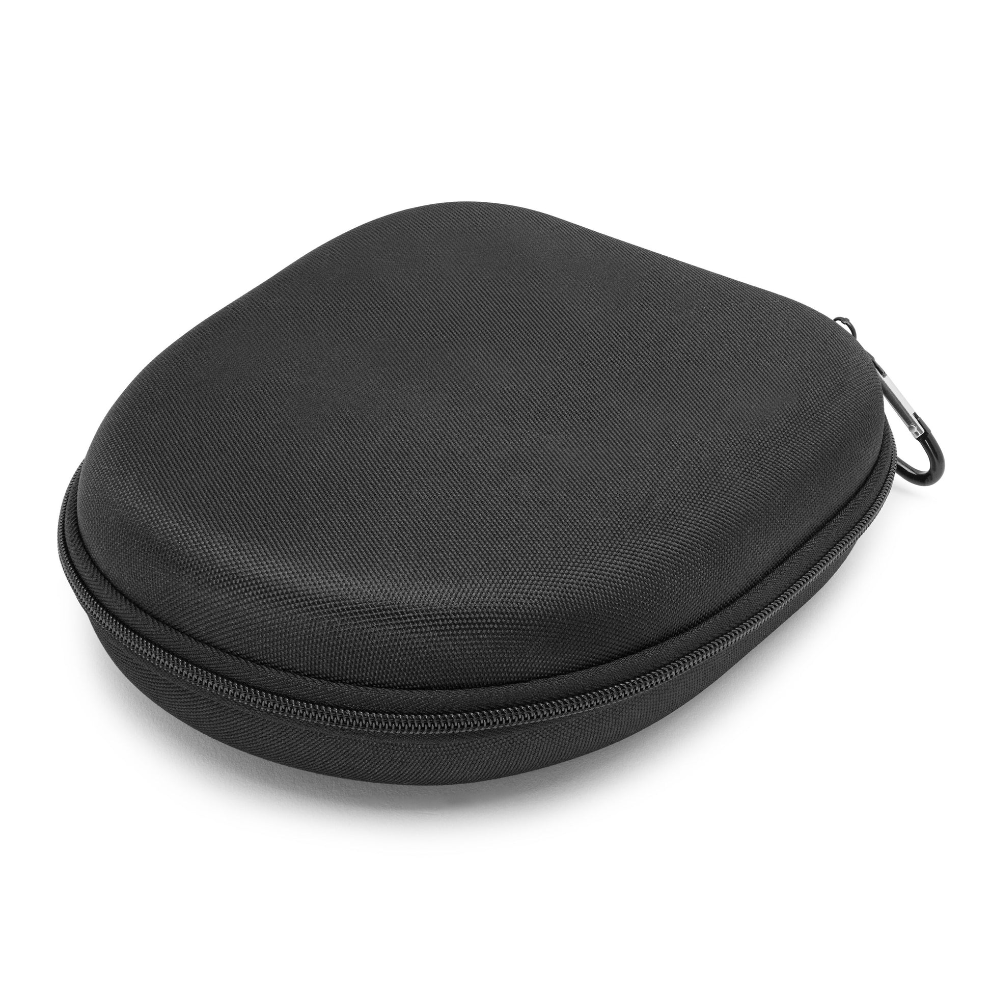 Høretelefonetui hardcase sort med lynlås og metal karabinhage, glat overflade, passer til opbevaring af høretelefoner.