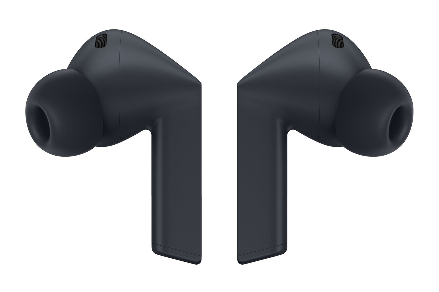 Samsung Galaxy Buds3 FE trådløse hovedtelefoner sort med silikone ørepropper og touchflade, vises forfra.