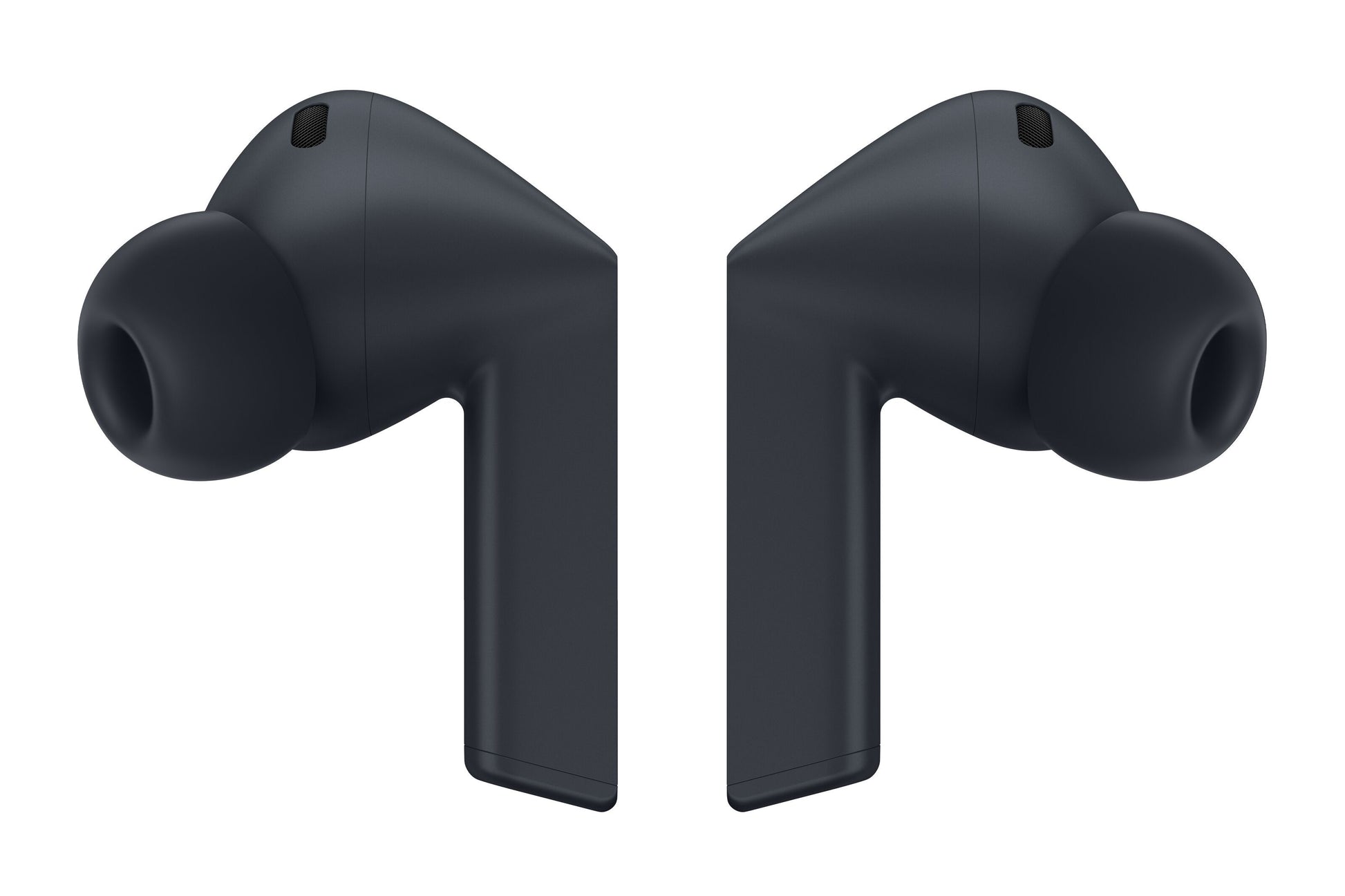 Samsung Galaxy Buds3 FE trådløse hovedtelefoner sort med silikone ørepropper og touchflade, vises forfra.