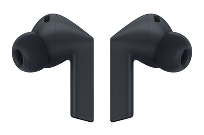 Samsung Galaxy Buds3 FE trådløse hovedtelefoner sort med silikone ørepropper og touchflade, vises forfra.