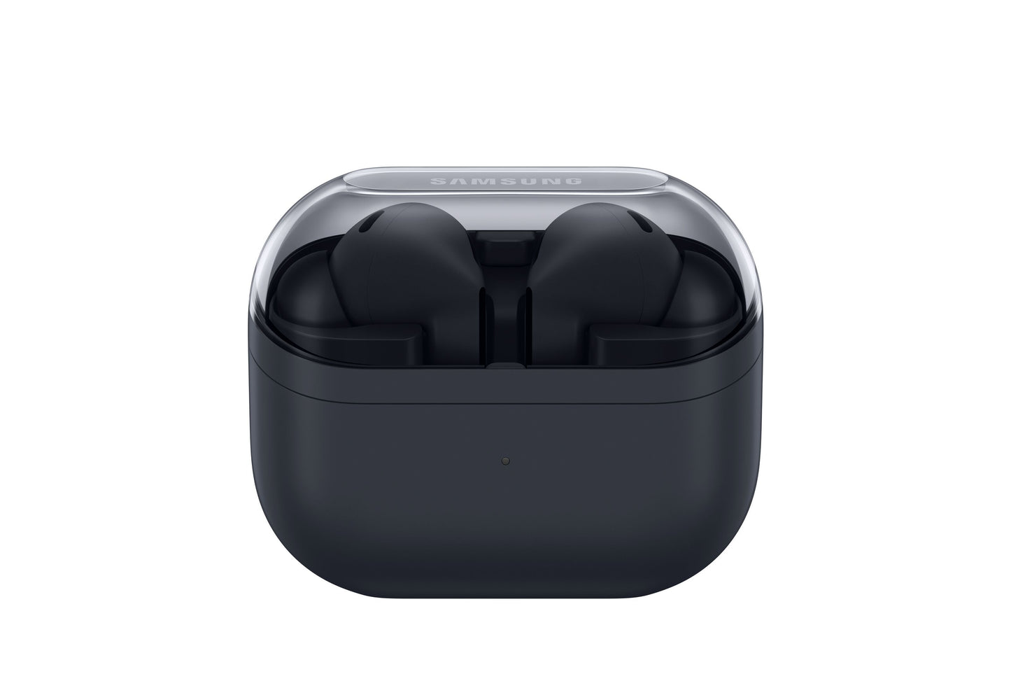 Samsung Galaxy Buds3 FE trådløse hovedtelefoner i sort i åbent opladningsetui med gennemsigtigt låg.