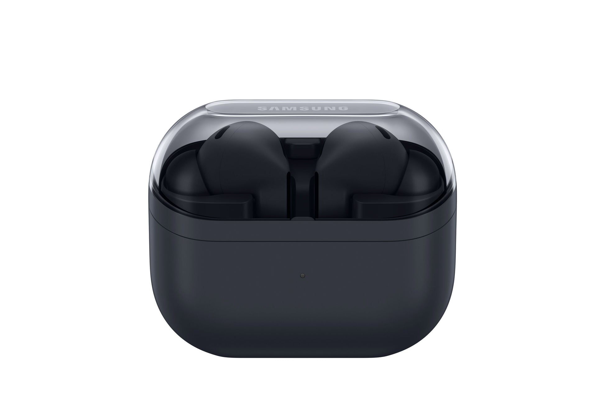 Samsung Galaxy Buds3 FE trådløse hovedtelefoner i sort i åbent opladningsetui med gennemsigtigt låg.