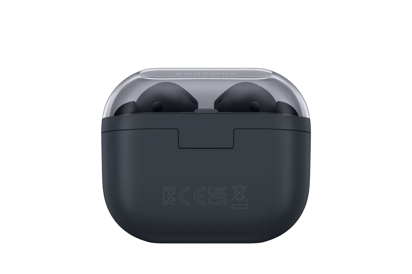 Samsung Galaxy Buds3 FE trådløse hovedtelefoner sort i åben mat sort ladeetui med transparent låg og synligt logo.