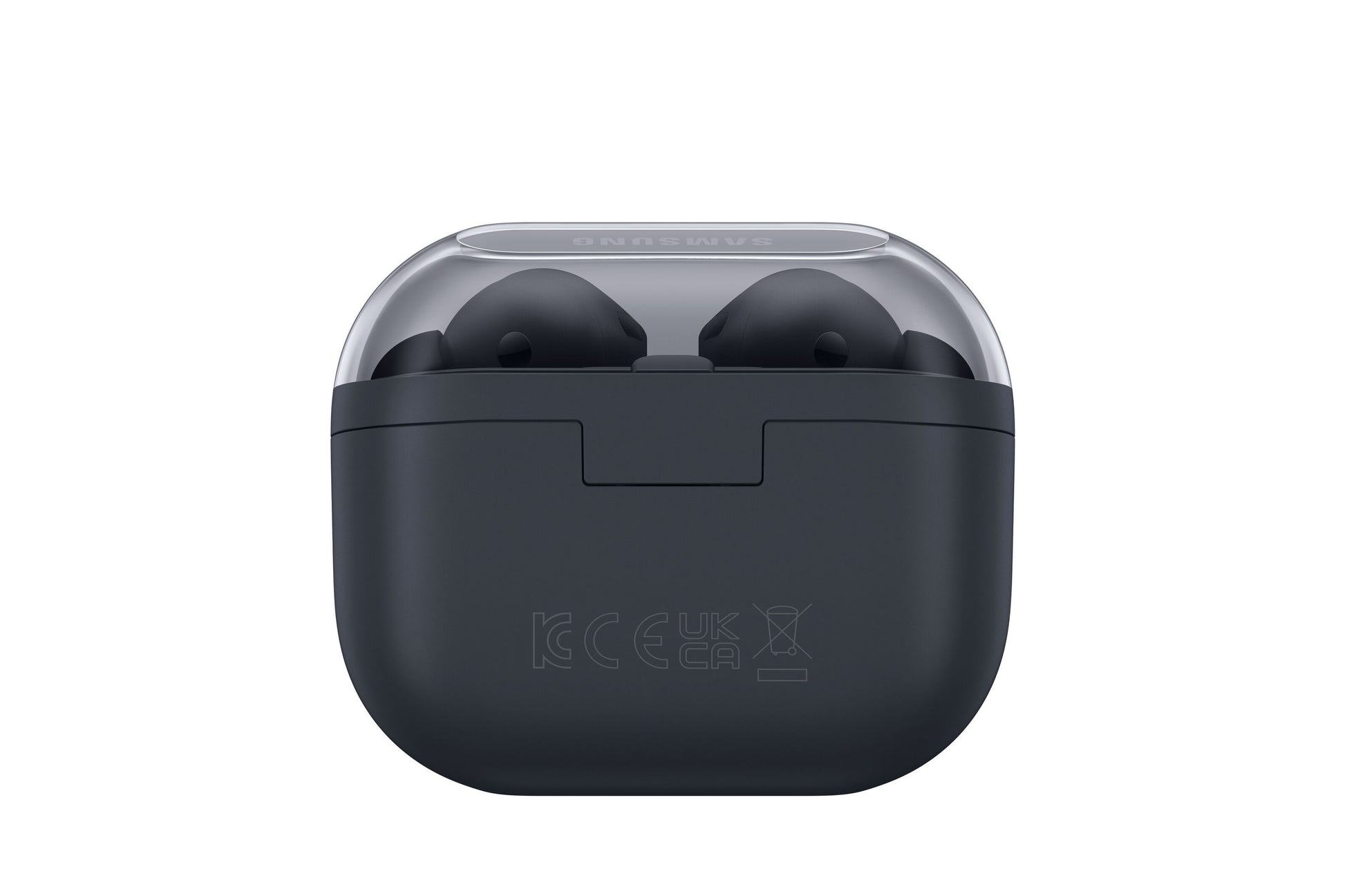 Samsung Galaxy Buds3 FE trådløse hovedtelefoner sort i åben mat sort ladeetui med transparent låg og synligt logo.