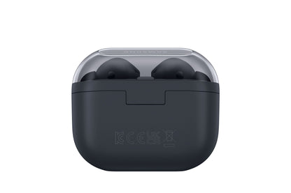 Samsung Galaxy Buds3 FE trådløse hovedtelefoner sort i åben mat sort ladeetui med transparent låg og synligt logo.