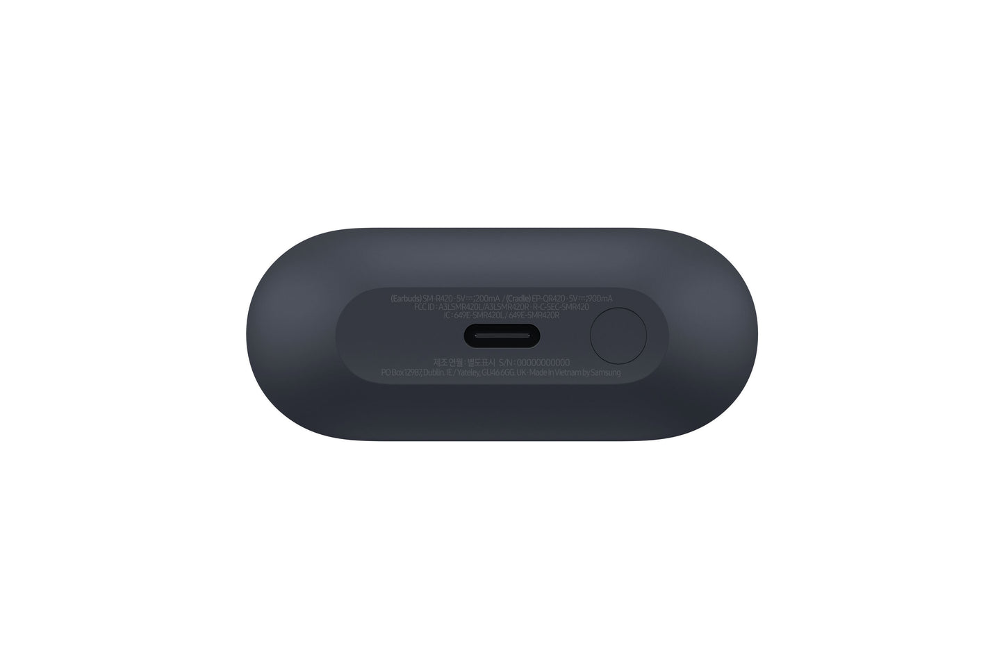 Samsung Galaxy Buds3 FE trådløse hovedtelefoner sort etui, oval form, set nedefra med knap, specifikationer og aktiv støjreduktion.