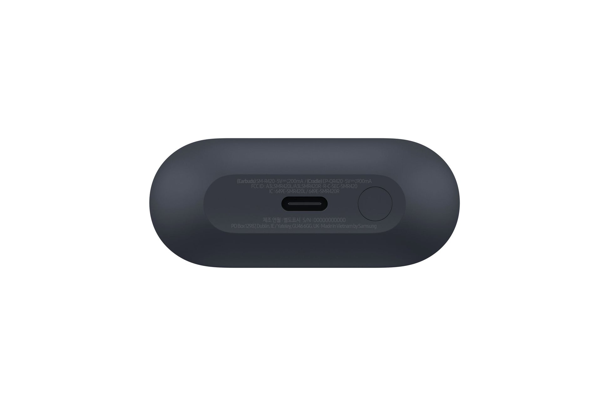 Samsung Galaxy Buds3 FE trådløse hovedtelefoner sort etui, oval form, set nedefra med knap, specifikationer og aktiv støjreduktion.