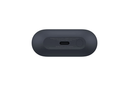 Samsung Galaxy Buds3 FE trådløse hovedtelefoner sort etui, oval form, set nedefra med knap, specifikationer og aktiv støjreduktion.